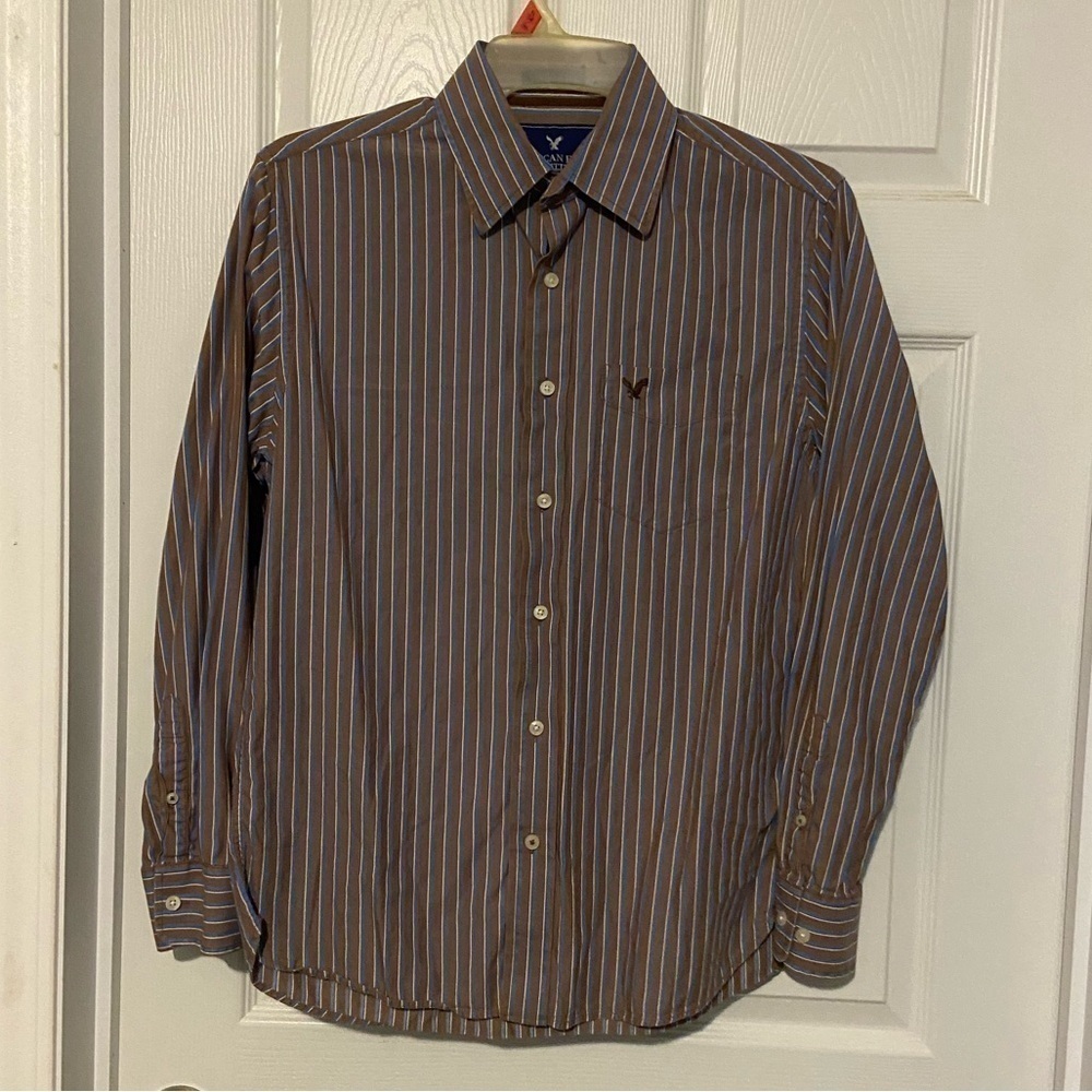 American Eagle Mens Medium Button Long Sleeve Brown Blue Striped Cotton Shirt